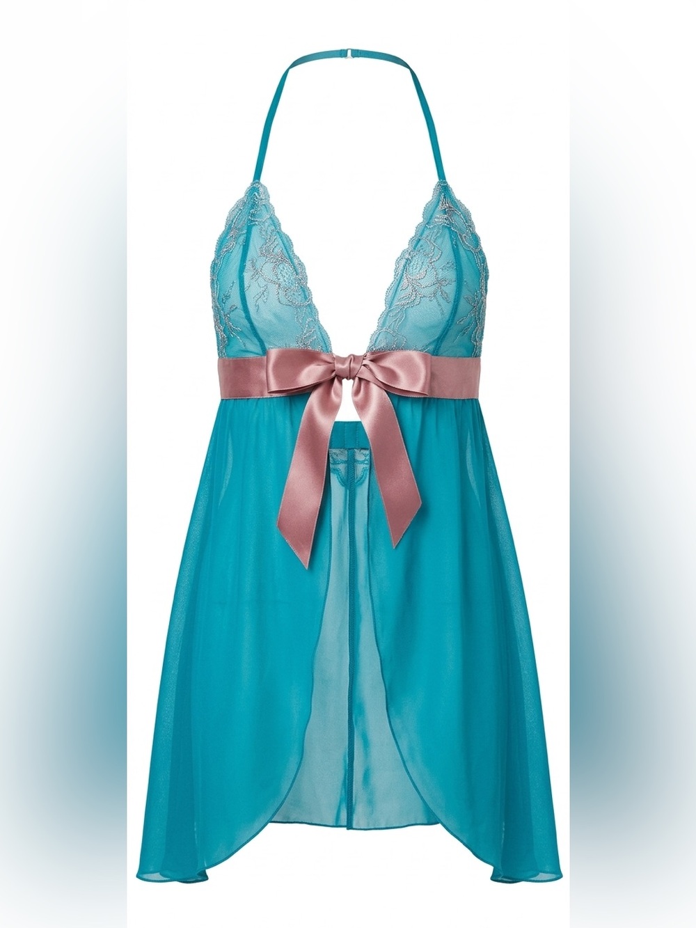 Victoria’s Secret Turquoise Sheer Lace Babydoll Nighty with Satin Bow Size Small